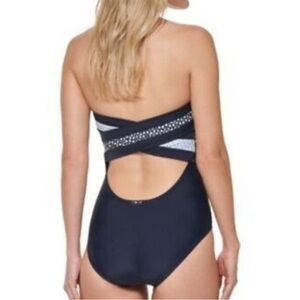 NWT Tommy Hilfiger Blue and White One-Piece Swimwear with Geometric Design